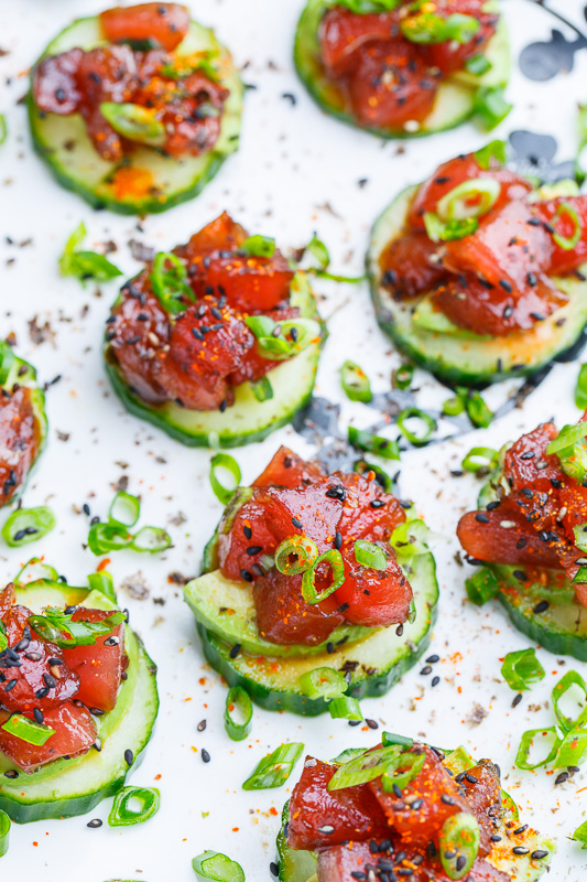 Spicy Tuna and Avocado Cucumber Sushi Bites Spicy Tuna and Avocado Cucumber Sushi Bites