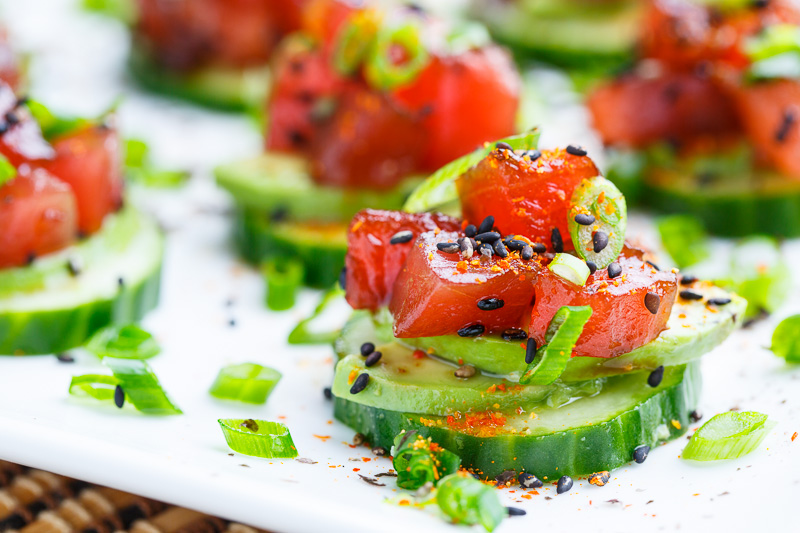 Spicy Tuna and Avocado Cucumber Sushi Bites Spicy Tuna and Avocado Cucumber Sushi Bites