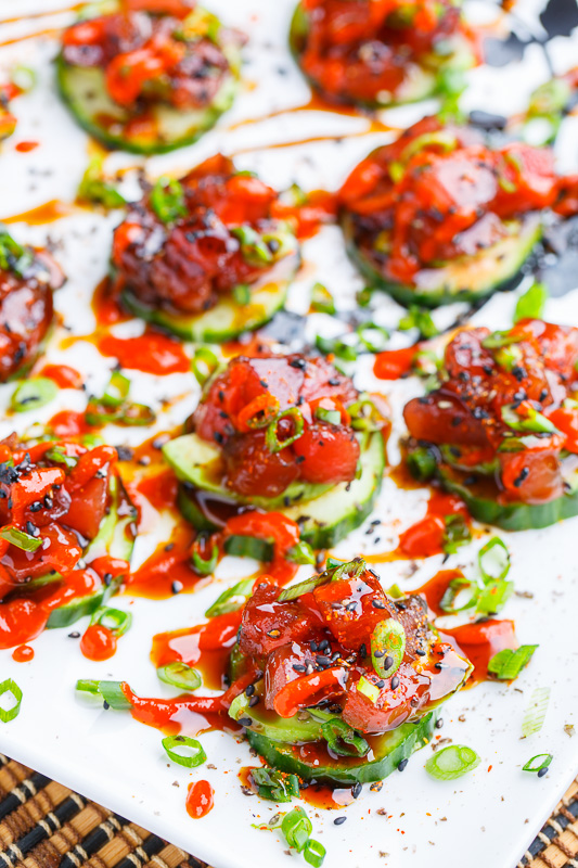 Spicy Tuna and Avocado Cucumber Sushi Bites Spicy Tuna and Avocado Cucumber Sushi Bites