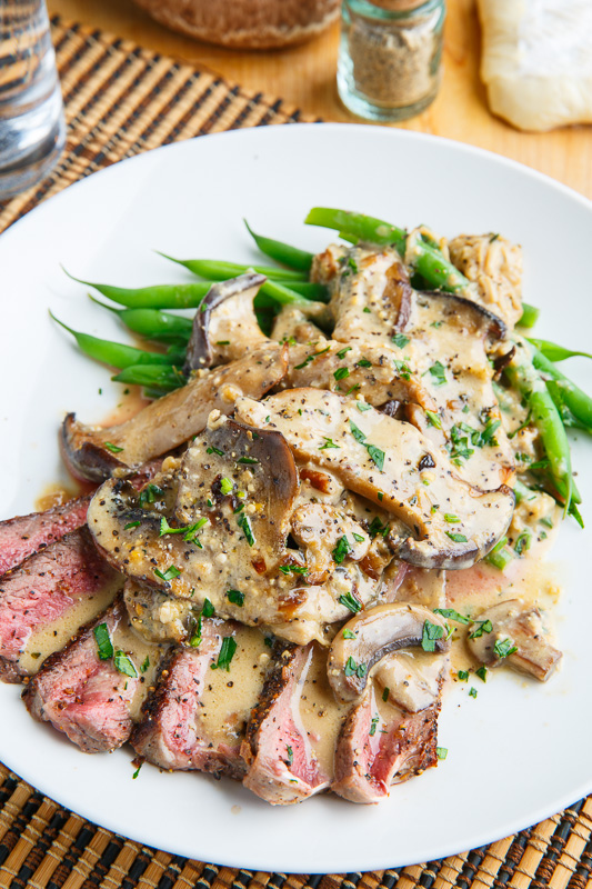 Mushroom and Peppercorn Crusted Steak in a Creamy Brie Mushroom Sauce Mushroom and Peppercorn Crusted Steak in a Creamy Brie Mushroom Sauce