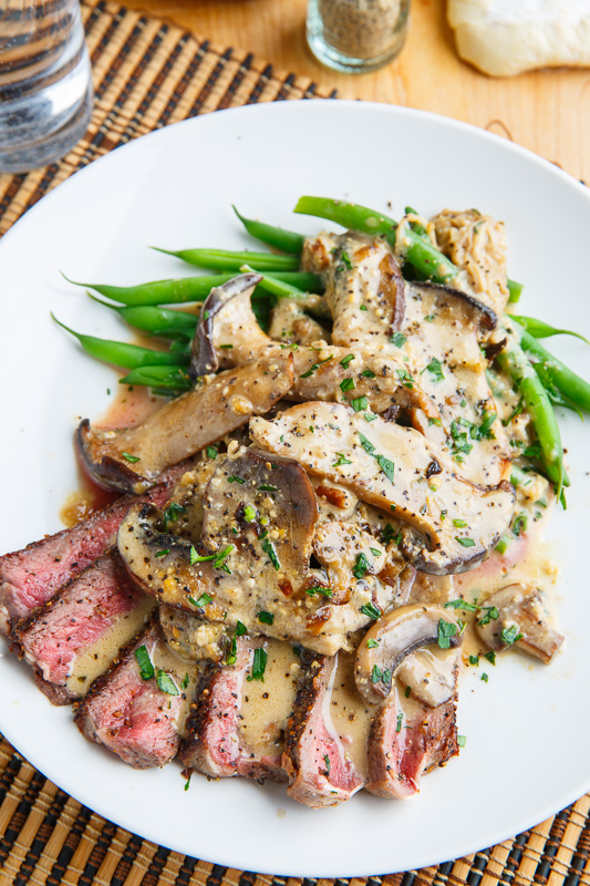 Mushroom and Peppercorn Crusted Steak in a Creamy Brie Mushroom Sauce Mushroom and Peppercorn Crusted Steak in a Creamy Brie Mushroom Sauce