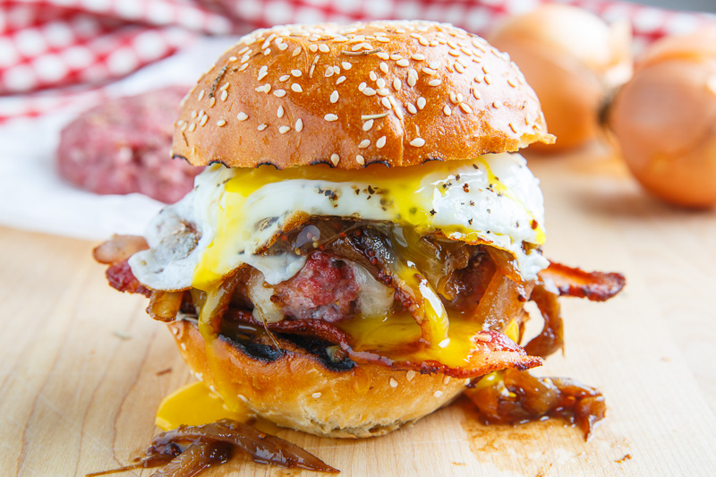 Bacon and Cheese Corned Beef Burger with Guinness Caramelized Onions and a Fried Egg Bacon and Cheese Corned Beef Burger with Guinness Caramelized Onions and a Fried Egg