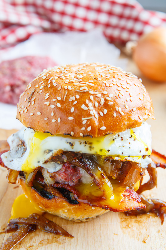 Bacon and Cheese Corned Beef Burger with Guinness Caramelized Onions and a Fried Egg Bacon and Cheese Corned Beef Burger with Guinness Caramelized Onions and a Fried Egg