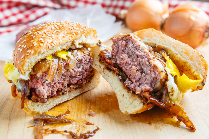 Bacon and Cheese Corned Beef Burger with Guinness Caramelized Onions and a Fried Egg Bacon and Cheese Corned Beef Burger with Guinness Caramelized Onions and a Fried Egg