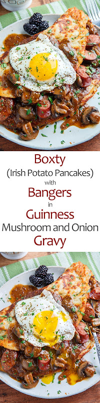 Boxty (Irish Potato Pancakes) with Bangers in a Guinness Mushroom and Onion Gravy Boxty (Irish Potato Pancakes) with Bangers in a Guinness Mushroom and Onion Gravy