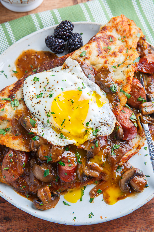 Boxty (Irish Potato Pancakes) with Bangers in a Guinness Mushroom and Onion Gravy Boxty (Irish Potato Pancakes) with Bangers in a Guinness Mushroom and Onion Gravy