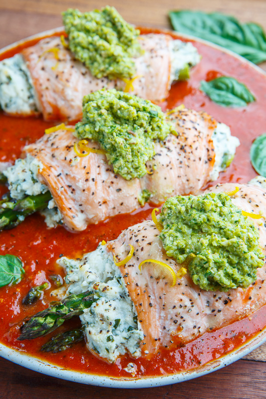 Asparagus and Lemon and Basil Ricotta Stuffed Salmon Rolls with Asparagus Pesto and Basil Marinara Asparagus and Lemon and Basil Ricotta Stuffed Salmon Rolls with Asparagus Pesto and Basil Marinara