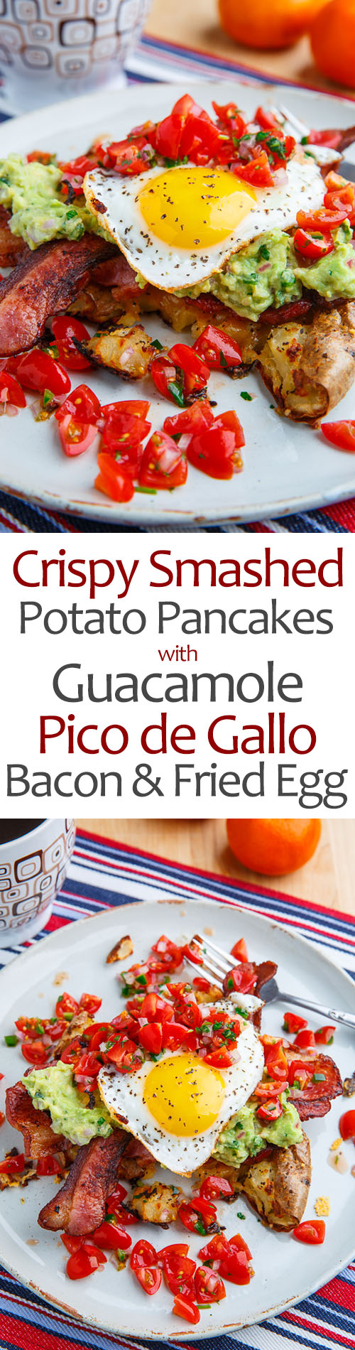 Crispy Smashed Potato Pancakes with Guacamole, Pico de Gallo, Bacon and Eggs Crispy Smashed Potato Pancakes with Guacamole, Pico de Gallo, Bacon and Eggs