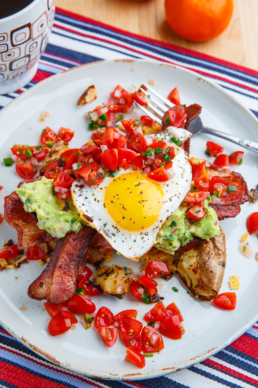 Crispy Smashed Potato Pancakes with Guacamole, Pico de Gallo, Bacon and Eggs Crispy Smashed Potato Pancakes with Guacamole, Pico de Gallo, Bacon and Eggs