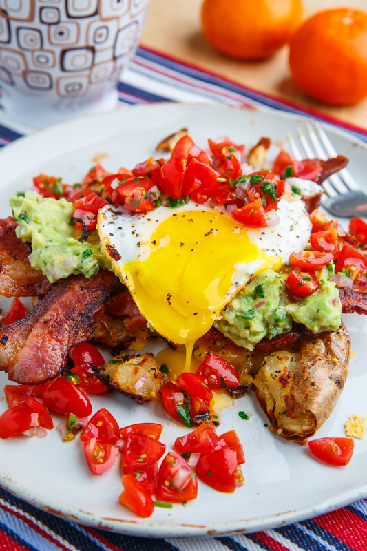 Crispy Smashed Potato Pancakes with Guacamole, Pico de Gallo, Bacon and Eggs Crispy Smashed Potato Pancakes with Guacamole, Pico de Gallo, Bacon and Eggs