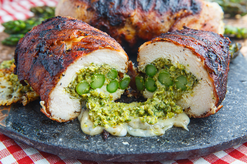 Bacon Wrapped Asparagus, Asparagus and Pistachio Pesto and Mozzarella Stuffed Chicken Bacon Wrapped Asparagus, Asparagus and Pistachio Pesto and Mozzarella Stuffed Chicken