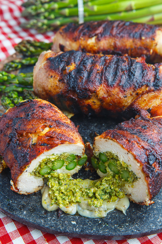 Bacon Wrapped Asparagus, Asparagus and Pistachio Pesto and Mozzarella Stuffed Chicken