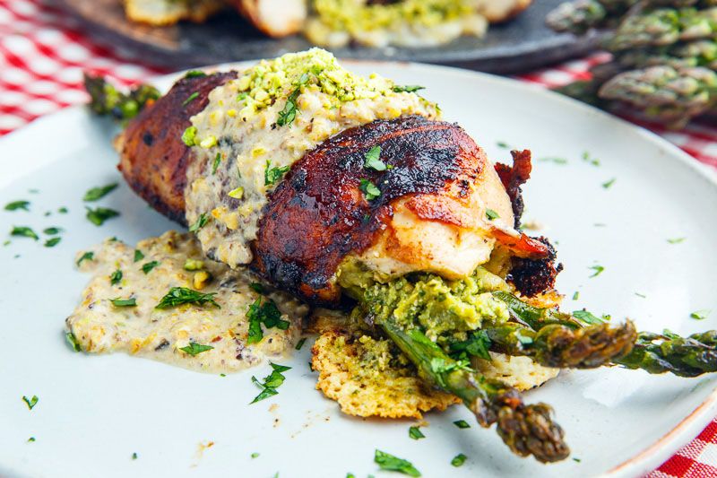 Bacon Wrapped Asparagus, Asparagus and Pistachio Pesto and Mozzarella Stuffed Chicken Bacon Wrapped Asparagus, Asparagus and Pistachio Pesto and Mozzarella Stuffed Chicken