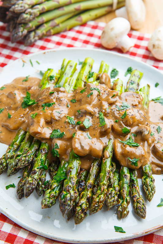 Grilled Asparagus in a Creamy Balsamic Mushroom Sauce