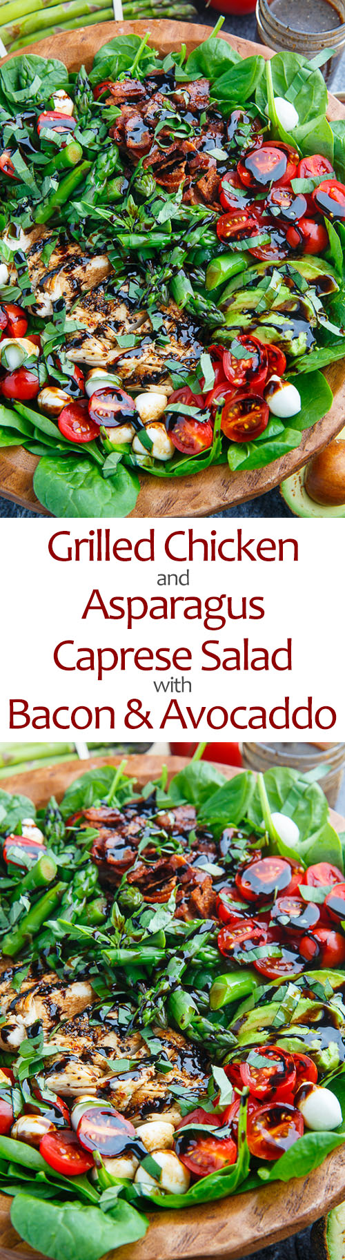 Grilled Chicken and Asparagus Caprese Spinach Salad with Bacon and Avocado Grilled Chicken and Asparagus Caprese Spinach Salad with Bacon and Avocado