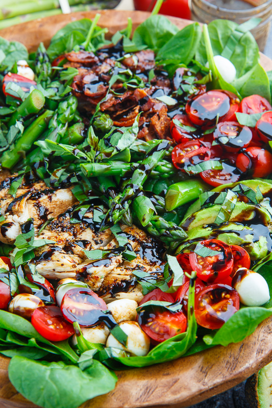 Grilled Chicken and Asparagus Caprese Spinach Salad with Bacon and Avocado Grilled Chicken and Asparagus Caprese Spinach Salad with Bacon and Avocado
