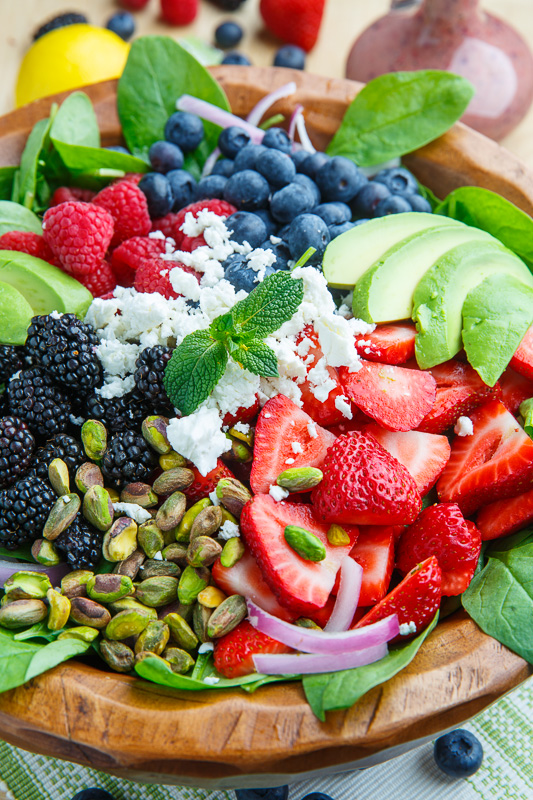 Berry and Avocado Spinach Salad with Feta and Pistachios in a Creamy Berry Poppy Seed Dressing Berry and Avocado Spinach Salad with Feta and Pistachios in a Creamy Berry Poppy Seed Dressing