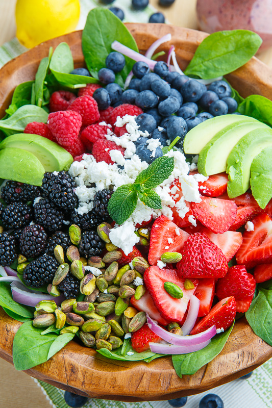 Berry and Avocado Spinach Salad with Feta and Pistachios in a Creamy Berry Poppy Seed Dressing Berry and Avocado Spinach Salad with Feta and Pistachios in a Creamy Berry Poppy Seed Dressing
