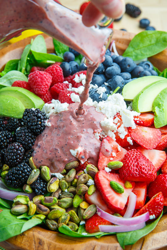 Berry and Avocado Spinach Salad with Feta and Pistachios in a Creamy Berry Poppy Seed Dressing Berry and Avocado Spinach Salad with Feta and Pistachios in a Creamy Berry Poppy Seed Dressing
