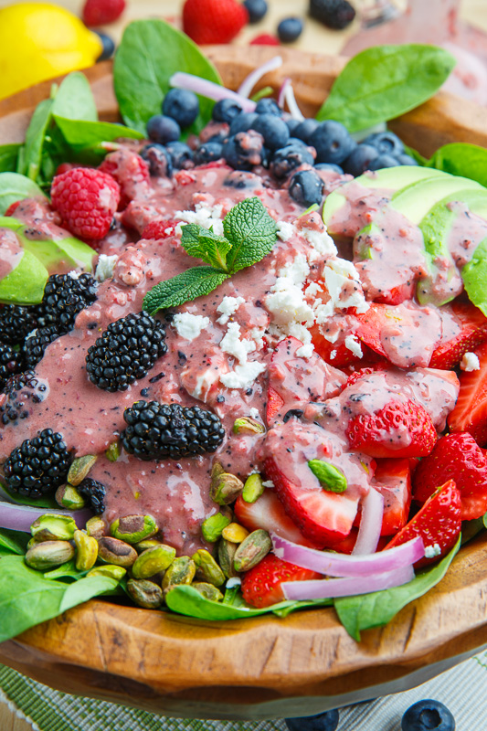 Berry and Avocado Spinach Salad with Feta and Pistachios in a Creamy Berry Poppy Seed Dressing Berry and Avocado Spinach Salad with Feta and Pistachios in a Creamy Berry Poppy Seed Dressing