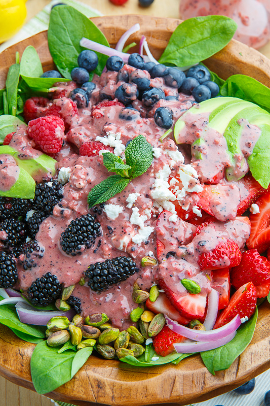 Berry and Avocado Spinach Salad with Feta and Pistachios in a Creamy Berry Poppy Seed Dressing Berry and Avocado Spinach Salad with Feta and Pistachios in a Creamy Berry Poppy Seed Dressing