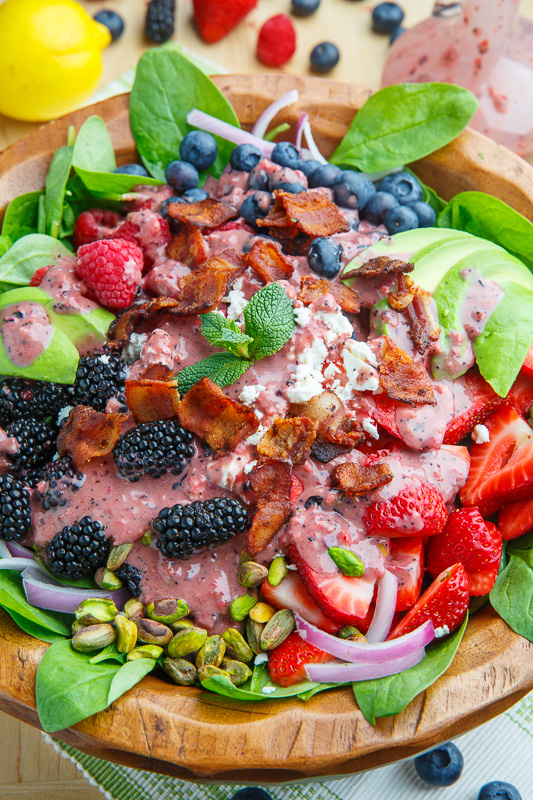 Berry and Avocado Spinach Salad with Feta and Pistachios in a Creamy Berry Poppy Seed Dressing Berry and Avocado Spinach Salad with Feta and Pistachios in a Creamy Berry Poppy Seed Dressing