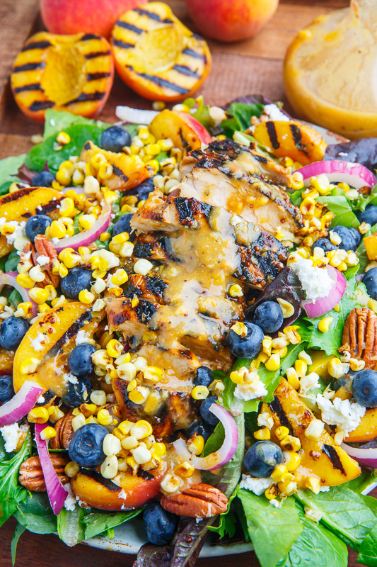 Grilled Peach and Honey Dijon Chicken Salad with Blueberries, Grilled Corn, Goat Cheese and Pecans Grilled Peach and Honey Dijon Chicken Salad with Blueberries, Grilled Corn, Goat Cheese and Pecans