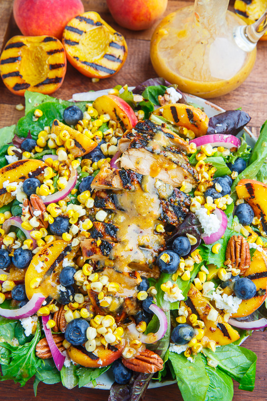 Grilled Peach and Honey Dijon Chicken Salad with Blueberries, Grilled Corn, Goat Cheese and Pecans Grilled Peach and Honey Dijon Chicken Salad with Blueberries, Grilled Corn, Goat Cheese and Pecans