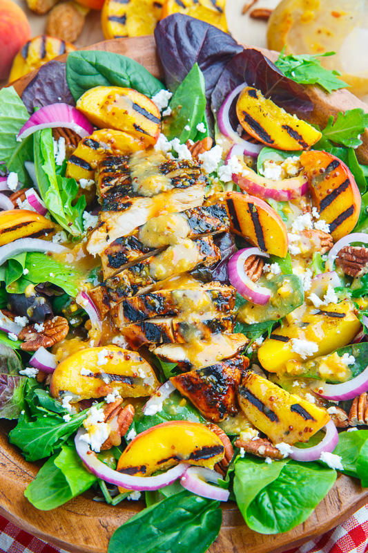 Grilled Peach and Honey Dijon Chicken Salad with Goat Cheese and Pecans Grilled Peach and Honey Dijon Chicken Salad with Goat Cheese and Pecans