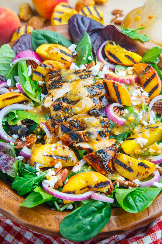 Grilled Peach and Honey Dijon Chicken Salad with Goat Cheese and Pecans Grilled Peach and Honey Dijon Chicken Salad with Goat Cheese and Pecans