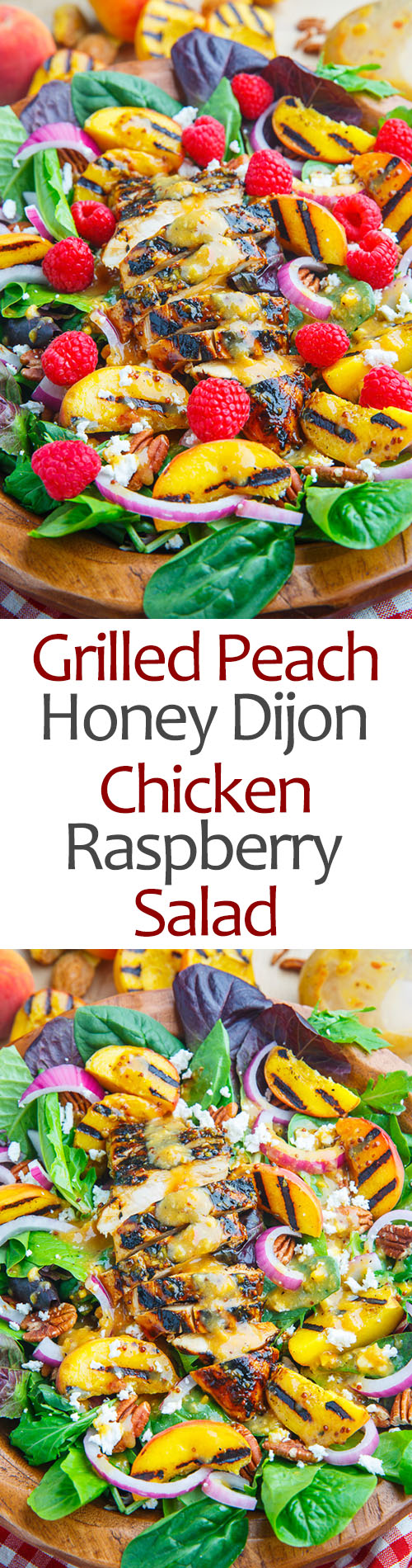 Grilled Peach and Honey Dijon Chicken Salad with Raspberries, Goat Cheese and Pecans Grilled Peach and Honey Dijon Chicken Salad with Raspberries, Goat Cheese and Pecans