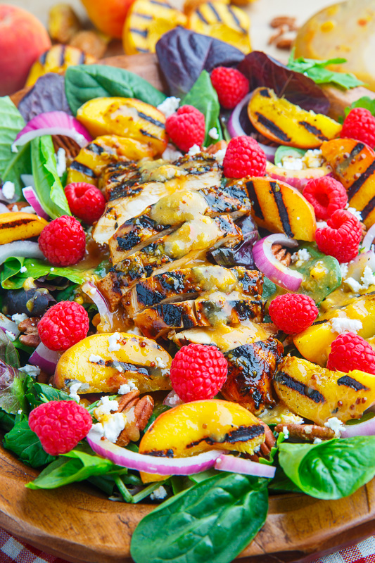 Grilled Peach and Honey Dijon Chicken Salad with Raspberries, Goat Cheese and Pecans Grilled Peach and Honey Dijon Chicken Salad with Raspberries, Goat Cheese and Pecans