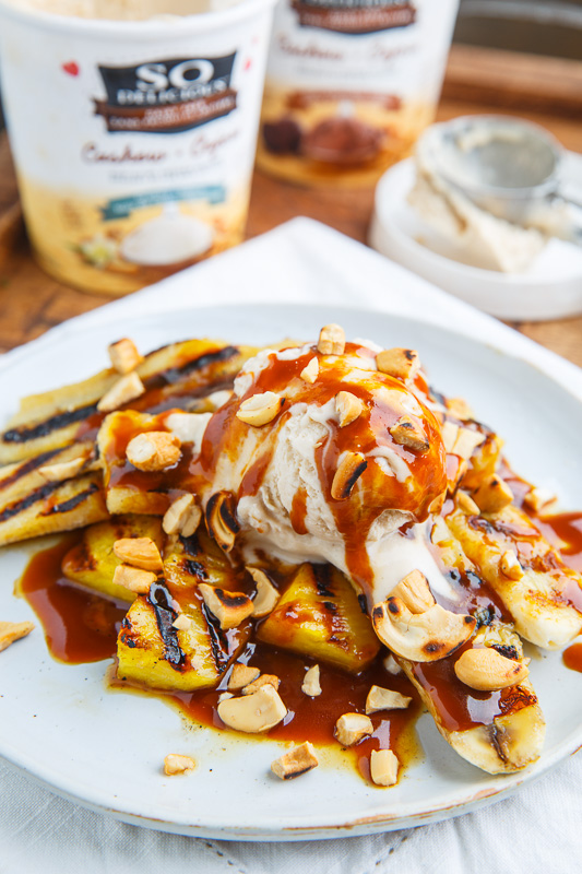 Grilled Pineapple and Banana Sundaes with Caramel Sauce and Cashews Grilled Pineapple and Banana Sundaes with Caramel Sauce and Cashews