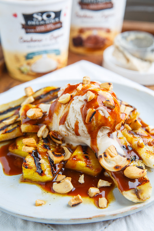 Grilled Pineapple and Banana Sundaes with Caramel Sauce and Cashews