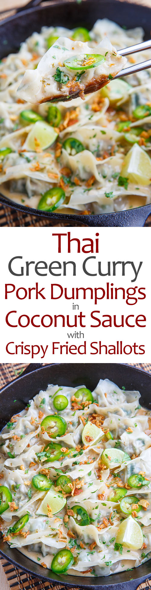 Thai Green Curry Pork Dumplings in Coconut Sauce with Crispy Fried Shallots Thai Green Curry Pork Dumplings in Coconut Sauce with Crispy Fried Shallots