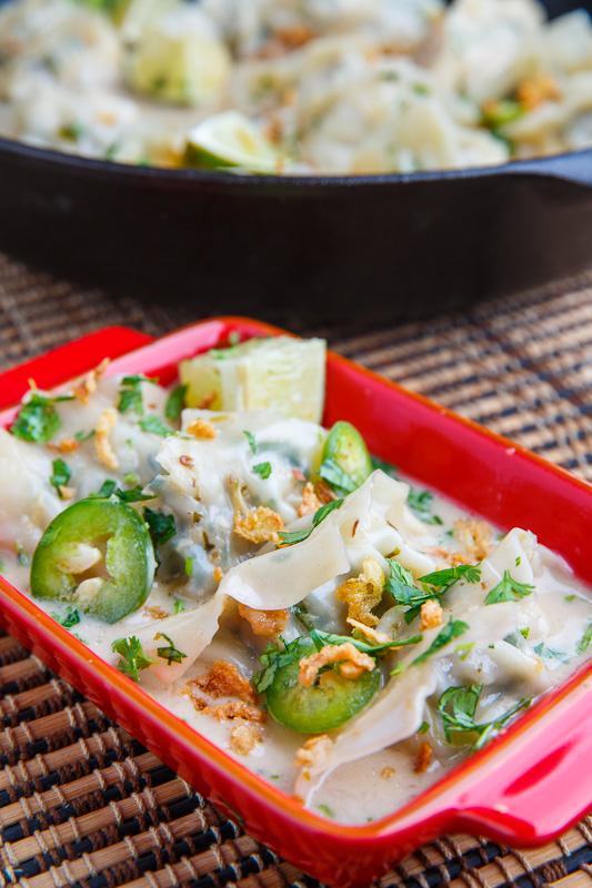Thai Green Curry Pork Dumplings in Coconut Sauce with Crispy Fried Shallots Thai Green Curry Pork Dumplings in Coconut Sauce with Crispy Fried Shallots