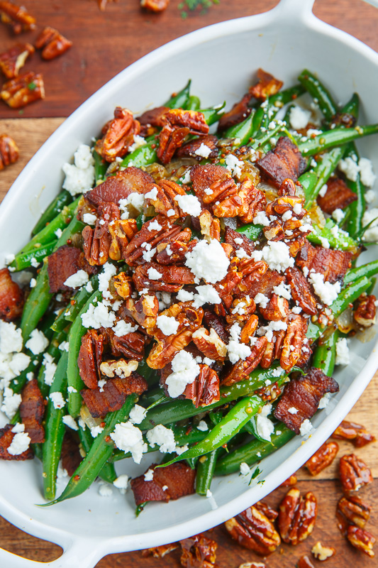 Maple Dijon Green Beans with Bacon, Candied Pecans and Goat Cheese Maple Dijon Green Beans with Bacon, Candied Pecans and Goat Cheese