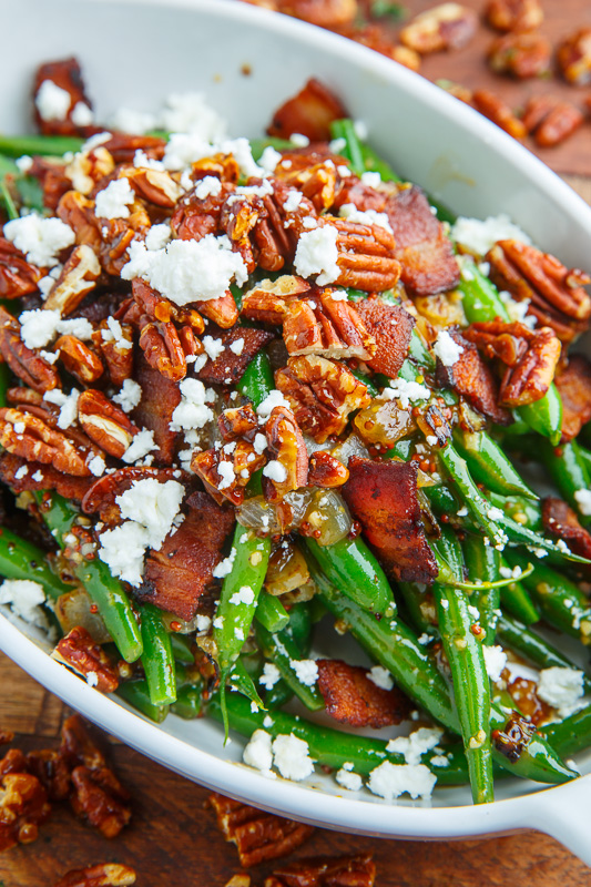 Maple Dijon Green Beans with Bacon, Candied Pecans and Goat Cheese Maple Dijon Green Beans with Bacon, Candied Pecans and Goat Cheese