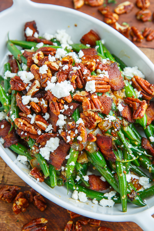 Maple Dijon Green Beans with Bacon, Candied Pecans and Goat Cheese Maple Dijon Green Beans with Bacon, Candied Pecans and Goat Cheese