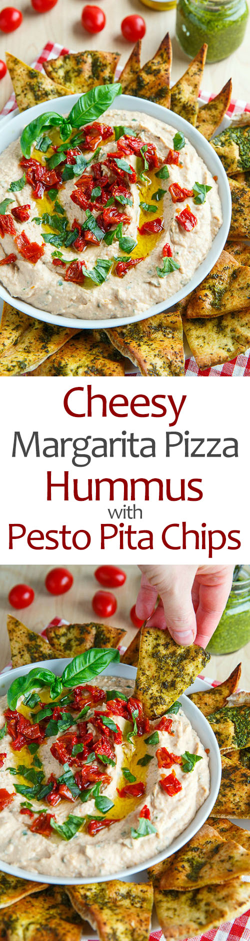 Cheesy Margherita Pizza Hummus with Pesto Pita Chips Cheesy Margherita Pizza Hummus with Pesto Pita Chips