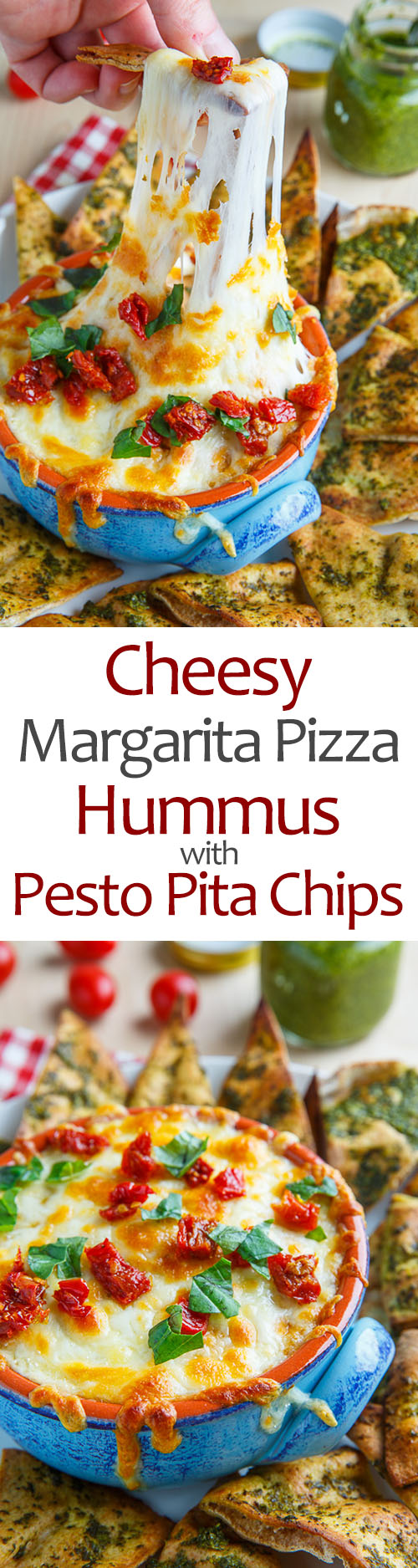 Cheesy Margherita Pizza Hummus with Pesto Pita Chips Cheesy Margherita Pizza Hummus with Pesto Pita Chips