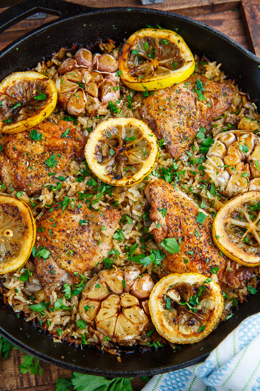 One Pan Greek Lemon Chicken Rice with Roast Garlic One Pan Greek Lemon Chicken Rice with Roast Garlic