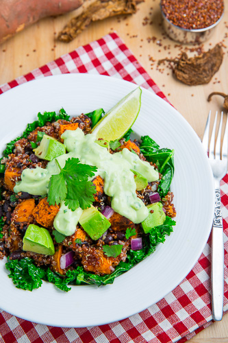 Chipotle Roast Sweet Potato and Black Bean Quinoa Salad with Creamy Avocado Dressing Chipotle Roast Sweet Potato and Black Bean Quinoa Salad with Creamy Avocado Dressing
