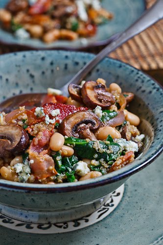 White Bean and Spinach Quinoa Salad with Bacon, Caramelized Onions, Mushrooms and Blue Cheese in a Bacon Pan Sauce Dressing White Bean and Spinach Quinoa Salad with Bacon, Caramelized Onions, Mushrooms and Blue Cheese in a Bacon Pan Sauce Dressing