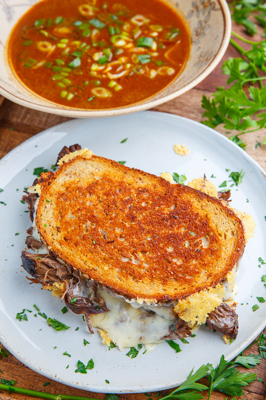 Pot Roast Grilled Cheese French Dip Sandwich with Spicy Miso Au Jus Pot Roast Grilled Cheese French Dip Sandwich with Spicy Miso Au Jus