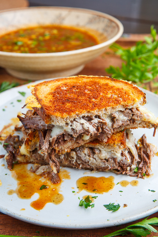 Pot Roast Grilled Cheese French Dip Sandwich with Spicy Miso Au Jus Pot Roast Grilled Cheese French Dip Sandwich with Spicy Miso Au Jus