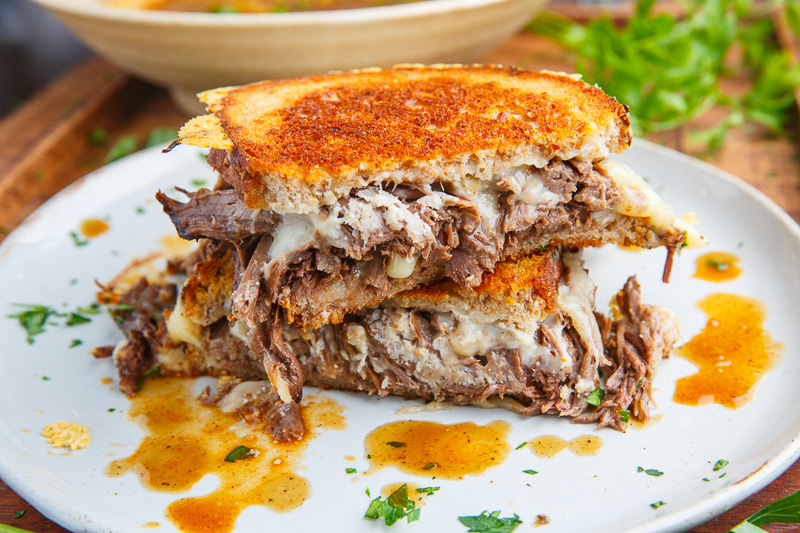 Pot Roast Grilled Cheese French Dip Sandwich with Spicy Miso Au Jus Pot Roast Grilled Cheese French Dip Sandwich with Spicy Miso Au Jus