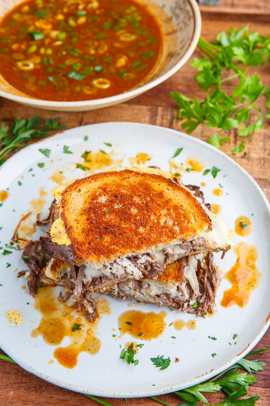 Pot Roast Grilled Cheese French Dip Sandwich with Spicy Miso Au Jus Pot Roast Grilled Cheese French Dip Sandwich with Spicy Miso Au Jus