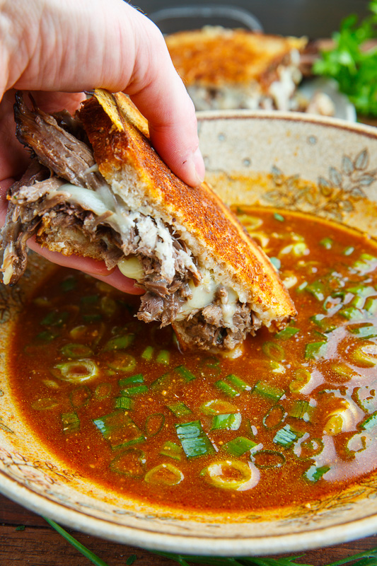 Pot Roast Grilled Cheese French Dip Sandwich with Spicy Miso Au Jus Pot Roast Grilled Cheese French Dip Sandwich with Spicy Miso Au Jus