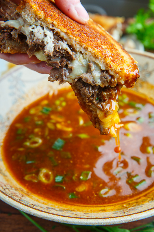 Pot Roast Grilled Cheese French Dip Sandwich with Spicy Miso Au Jus